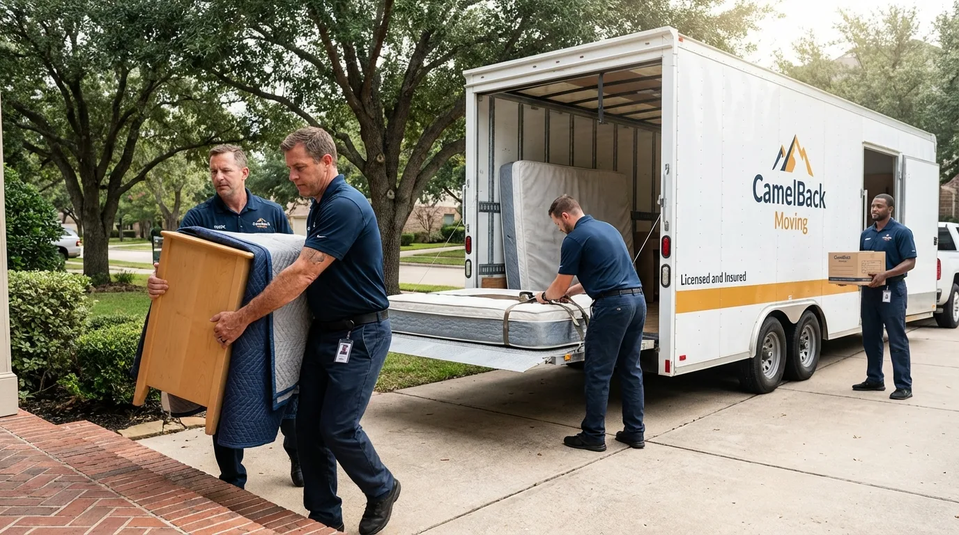 Crew loading residential truck for cross-state move from Albion, MI