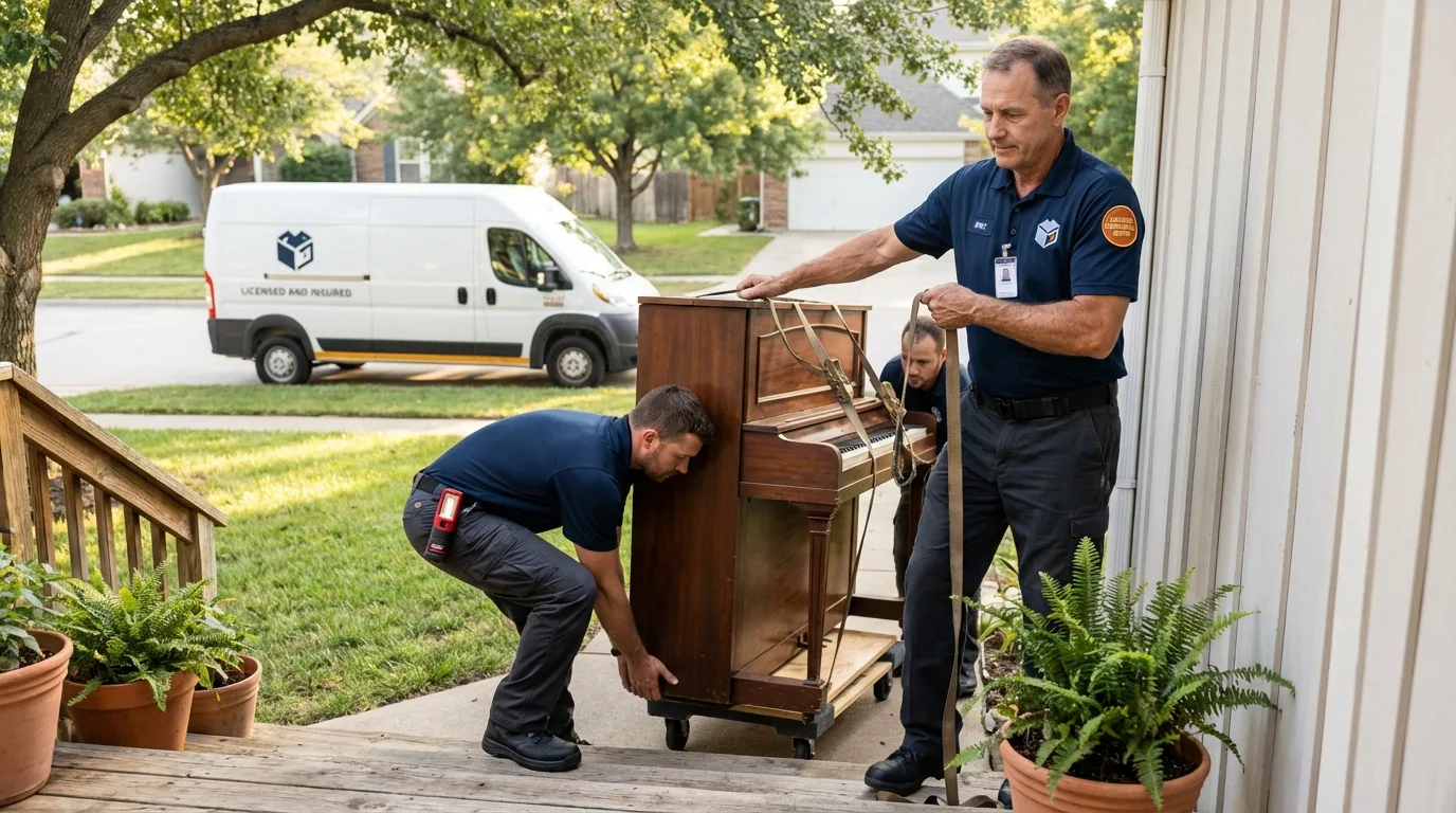 Licensed piano movers securing grand piano in Albion, MI